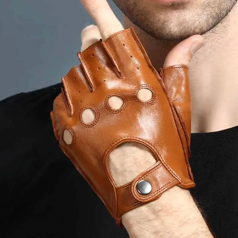 

Mens Gloves Leather Fingerless Genuine Goatskin Slip-resistant Half Finger Gym Fitness Driving Male Gloves Black Exercise Mitten