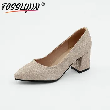 

TASSLYNN 2019 Women Pumps Slip on Pointed Toe Women's Shoes Sequined Cloth Square High Heels OL Pumps Shoes for Women Size 34-43