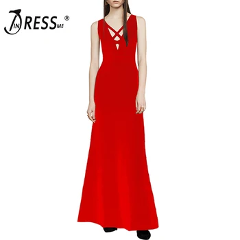 

INDRESSME Elegant Hollow Out Spaghetti Strap Sexy Deep V Floor Length Backless Autumn Women Lady Bandage Party Dress 2019 New
