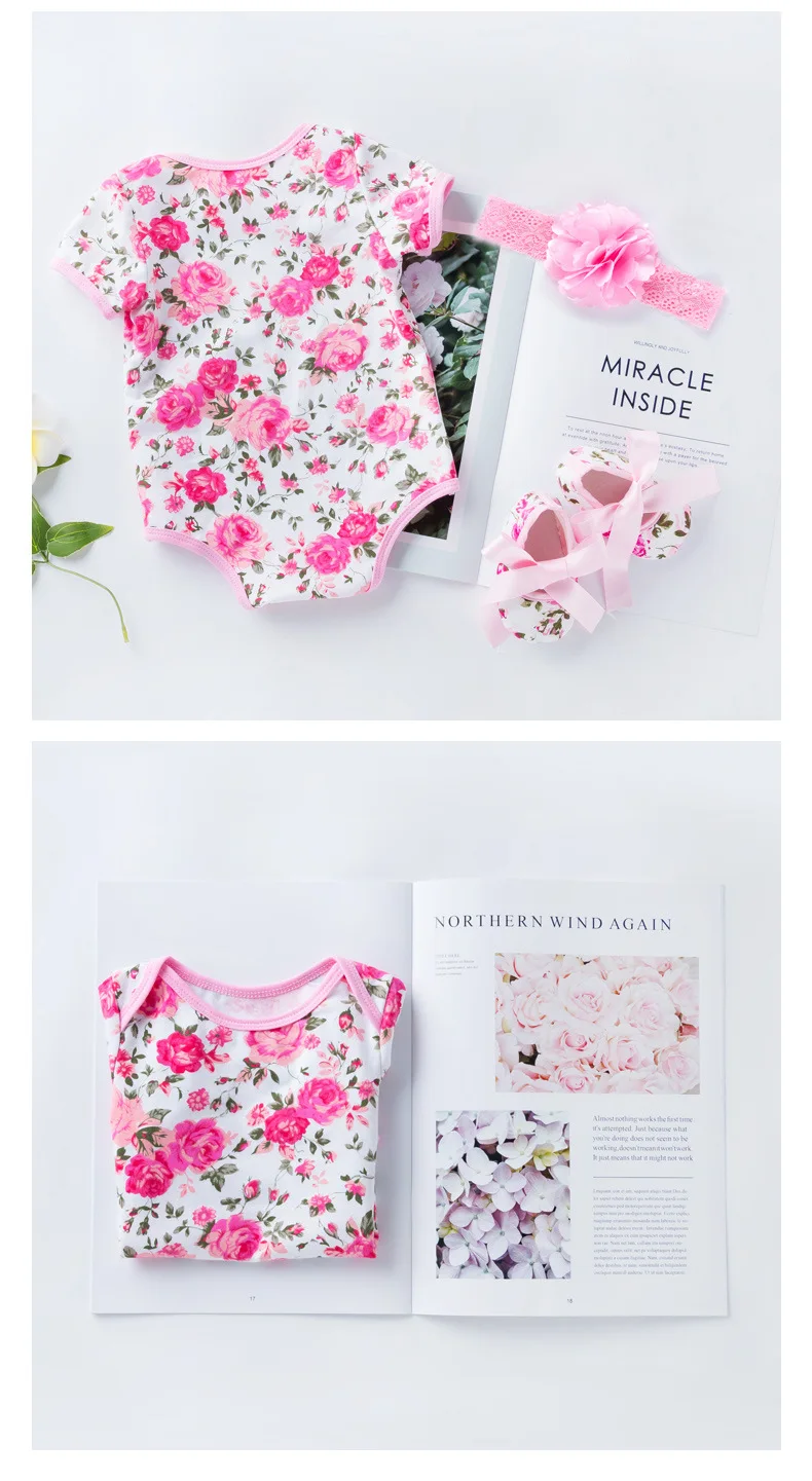 3pcs Set Newborn Baby Girls Summer Floral Rompers +headhand Shoes 3 6 12 18 24 Month Baby Girls Flower Jumpsuit Clothes Outfits baby clothing set essentials