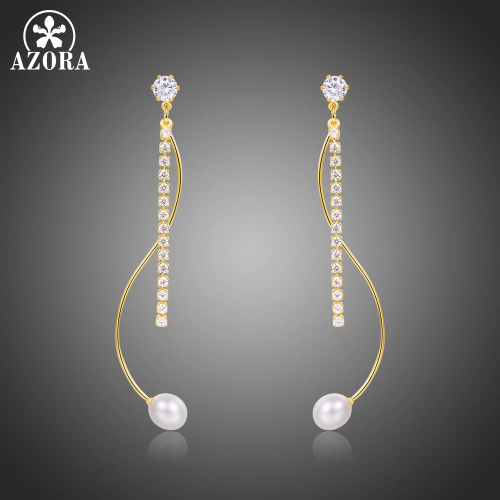 

AZORA Korean Elegant Dangle Pearl Clear Cubic Zirconia Drop Earrings for Women Luxury Fashion Jewelry oorbellen hangers TE0370