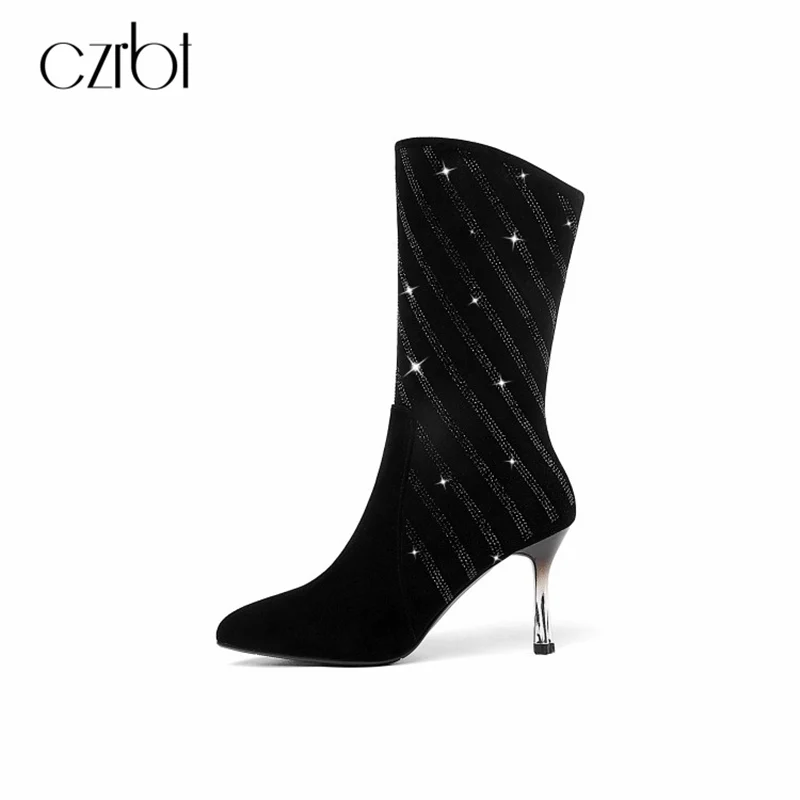 

czrbt 2018 New women's shoes pointed high-heeled women's boots leather rhinestone boots gold-plated fine-heeled fashion boots