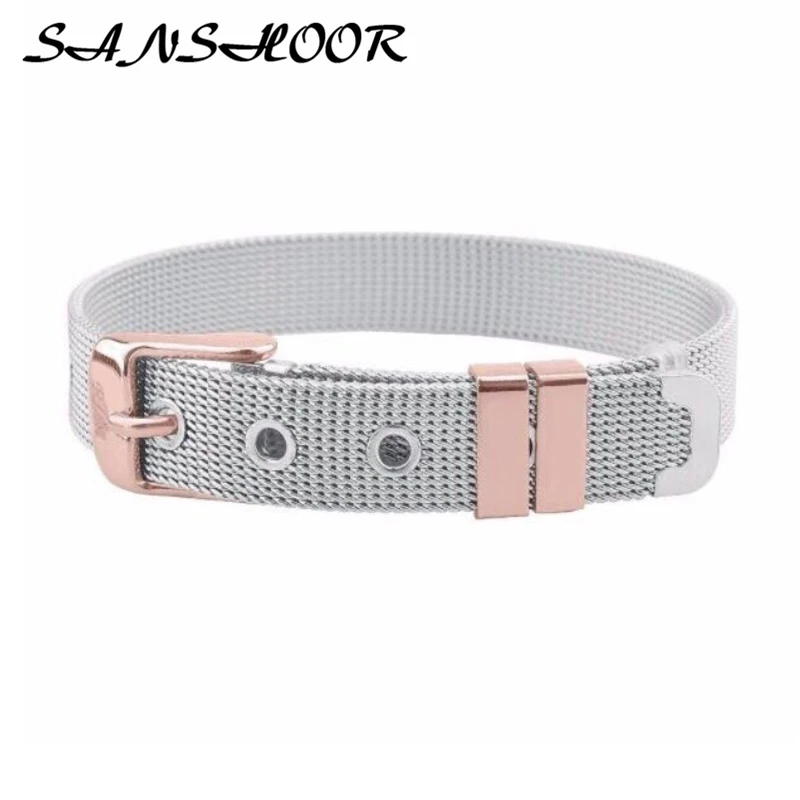 

SANSHOOR 21cm Silver Stainless Steel Mesh Bracelet With Rose Gold Clasp Fit Diy Keeper Keys Slide Charms Bangle Women Gifts 4Pcs