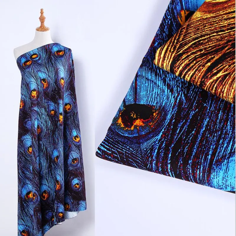 

BZ5 100*140cm The New Blue Peacock Feathers Printed 100% Cotton Satin Fabric For Dress DIY Elastic Fabric Japan Style Fabric