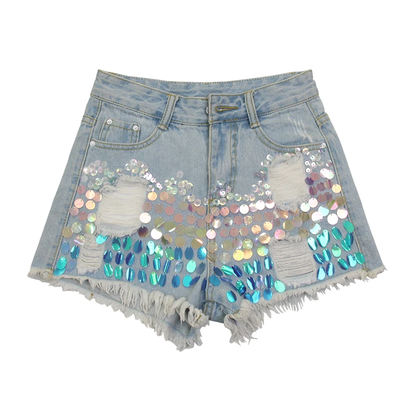 

Sherhure 2019 High Waist Women Sexy Denim Shorts Ripped Hole Women Shorts Sequins Beading Boho Women Short Feminino Female