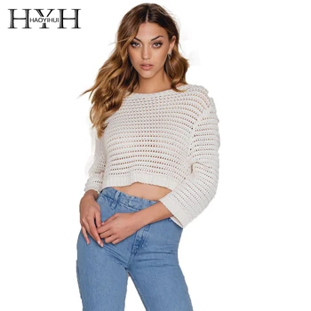 

HYH HAOYIHUI Fashion Women Short Sweater White Solid Mesh Cut Out Long Sleeve Preppy Style Brief Cute Sweet Summer O-Neck Casual