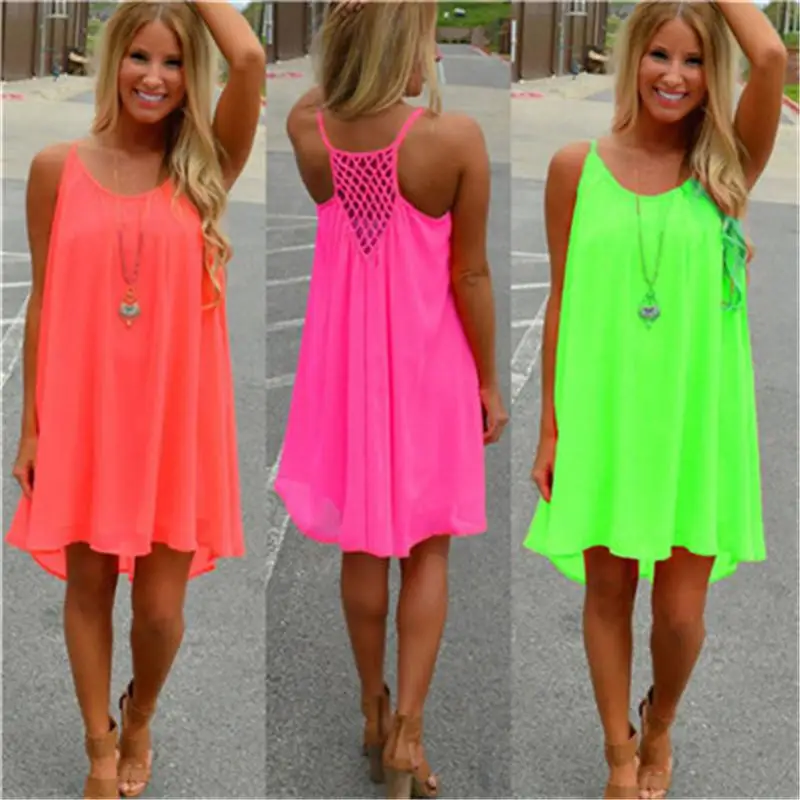 

New Fashion Sexy Casual Dresses Women Summer Sleeveless Evening Party Beach Dress Short Chiffon Mini Dress BOHO Womens Clothing