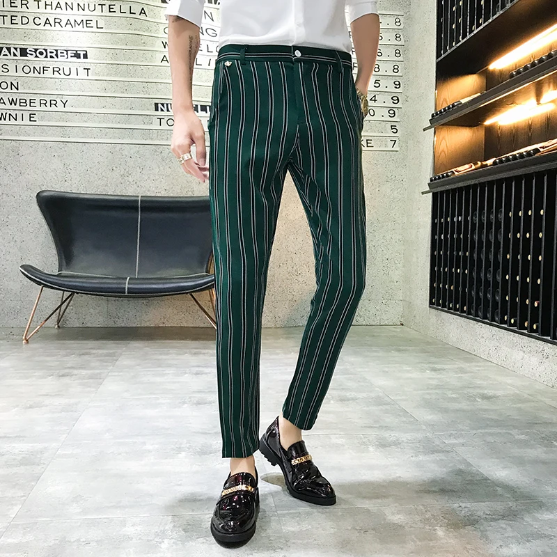 Autumn Stripe Men Dress Pants Black Green Mens Pants Fashions Streetwear Men Skinny Fit Men Trousers Pantalones Hombre