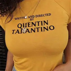 2018 модные Квентин Тарантино пикантные Топы Для женщин сбоку в полоску с короткими рукавами хлопковая желтая гот art лозунг 90 s футболки