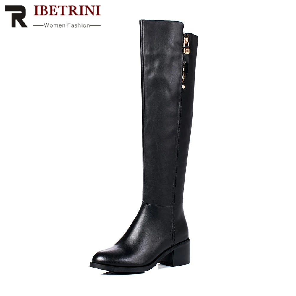 

RIBETRINI Hot Sale Genuine Cow Leather 33-43 5.5cm High Square Heels Zip knee-high Ladies Boots 4 Kinds Lining For Option