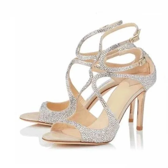 

Luxury Bling Bling Crystal Embellished Wedding Shoes Bride Cut-out Strappy Gladiator Sandals Women Peep Toe Rhinestone Lady Shoe