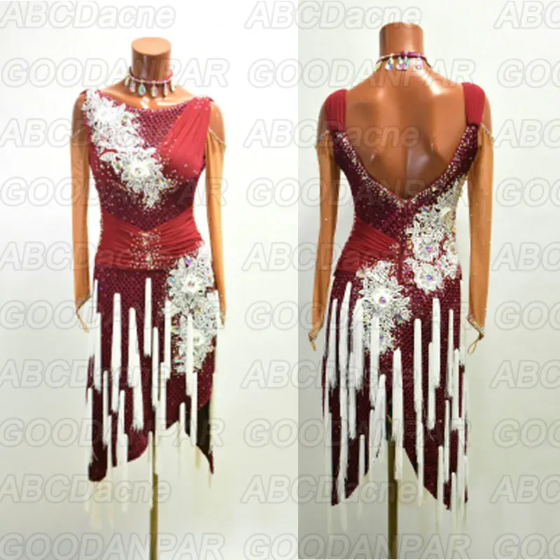 

new Latin dance dress women sexy tassel Lace dress for the dance Red wine dress for ballroom dancing tango costume