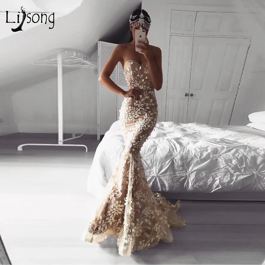 

Unique Leaf Lace Mermaid Evening Dresses Elegant Long Formal Prom Gowns Sweetheart Off The Shoulder Abendkleider Party Dress