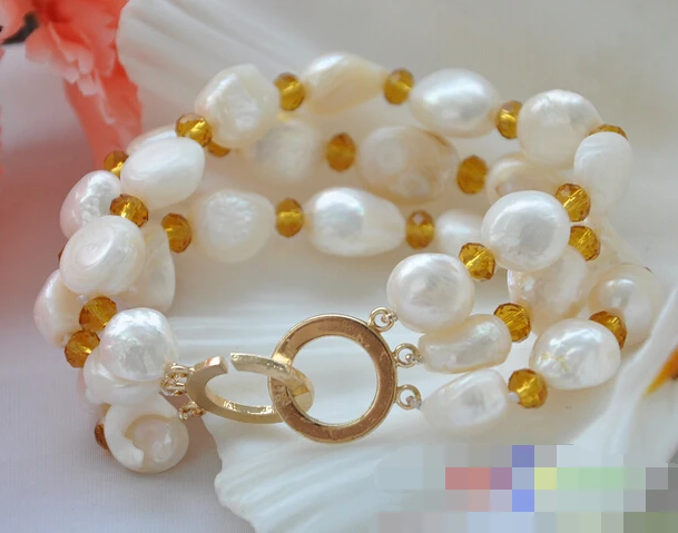 

FREE SHIPPING>>>@@ > 08705 3row white baroque freshwater cultured pearl Citrine bracelet
