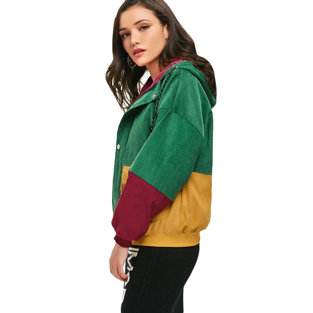 corduroy color block drawstring hooded jacket