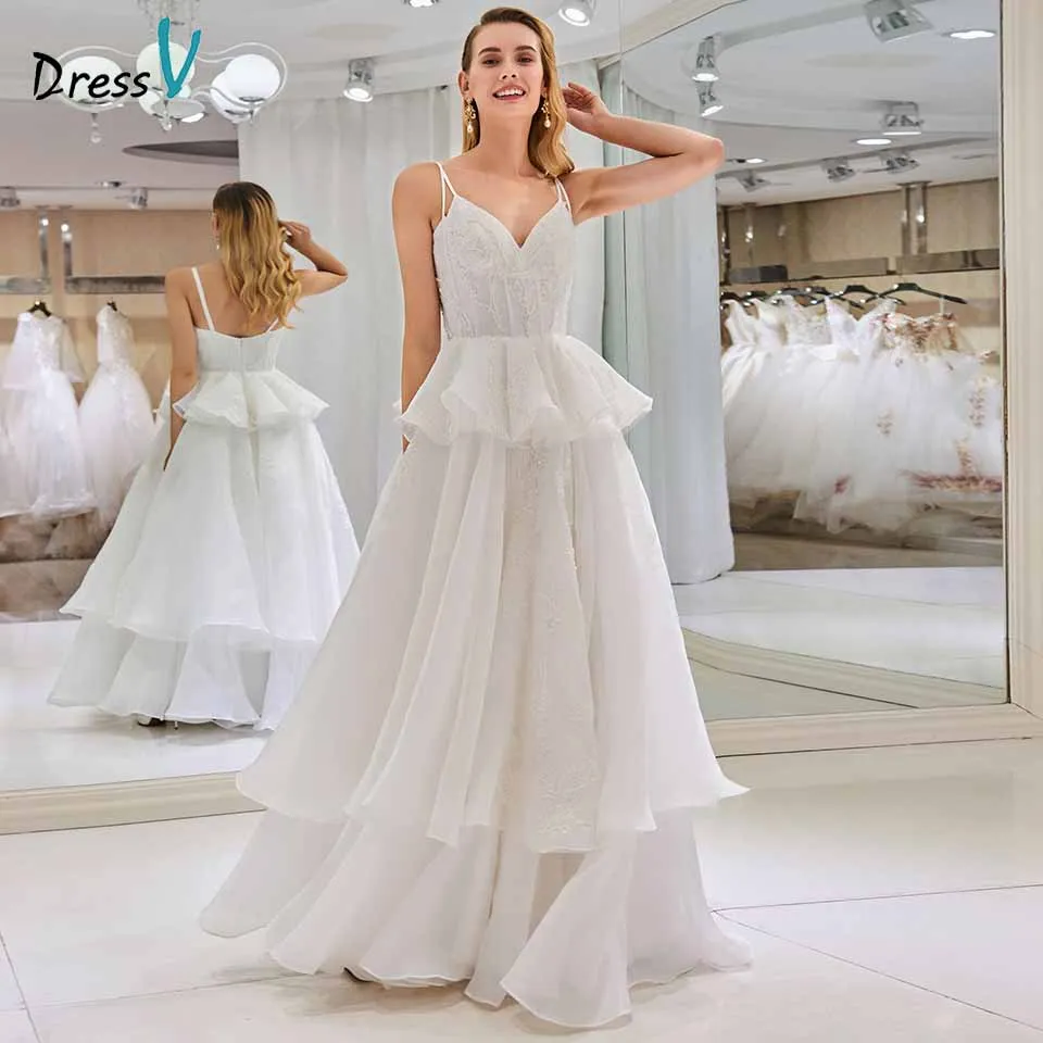 

Dressv elegant spaghetti straps wedding dress appliques beaded ruffles tiered floor length bridal outdoor&church wedding dresses