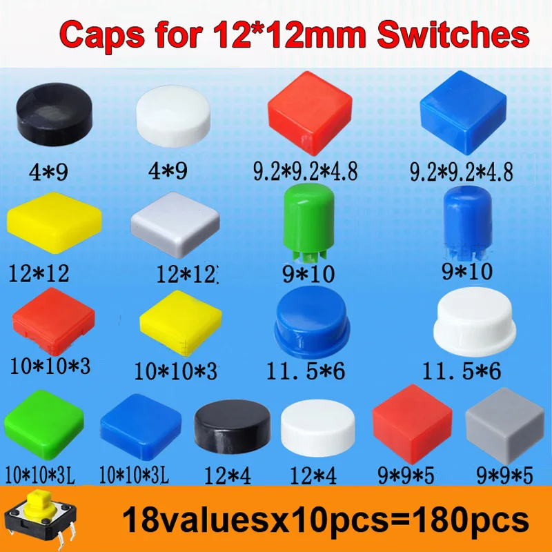 

18valuesx10pcs=180pcs Caps for 12*12mm 12x12mm Tactile Push Button Switch