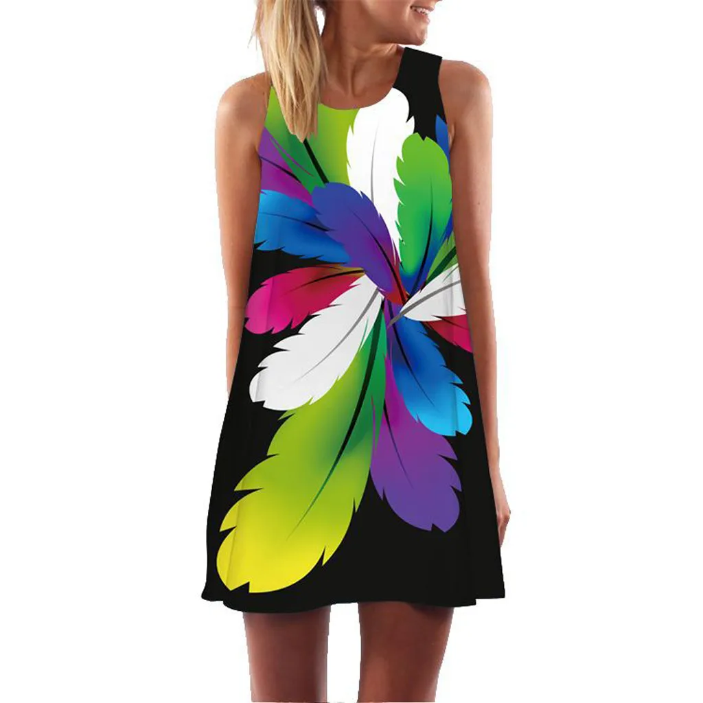 

Summer Women's Print Dress 2019 Ladies Casual Loose Retro Bohemian Sleeveless Beach Print Short Mini Dress vestiti donna estate