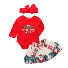 Одежда для маленьких девочек, полный комплект с повязкой на голову, рождественские наряды для новорожденных девочек, красный комплект одежды для малышей на первый день рождения