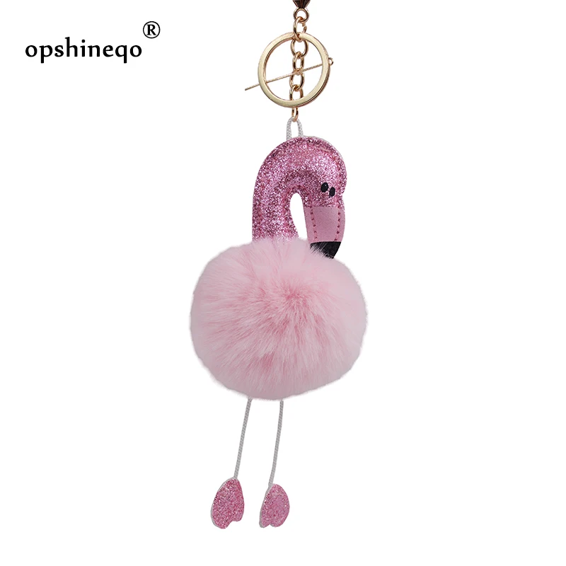 

Cute Pompom Keychains Flamingo Keychain Fluffy Artificial Rabbit Fur Ball Women fashion Bag Key Ring Pompon car pendant gifts