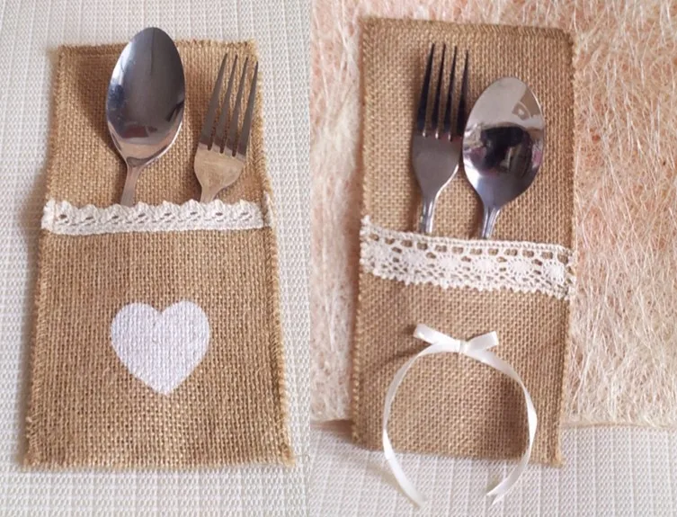 Natural Hessian Vintage Cutlery Holders Lace Burlap Bags Wedding Party