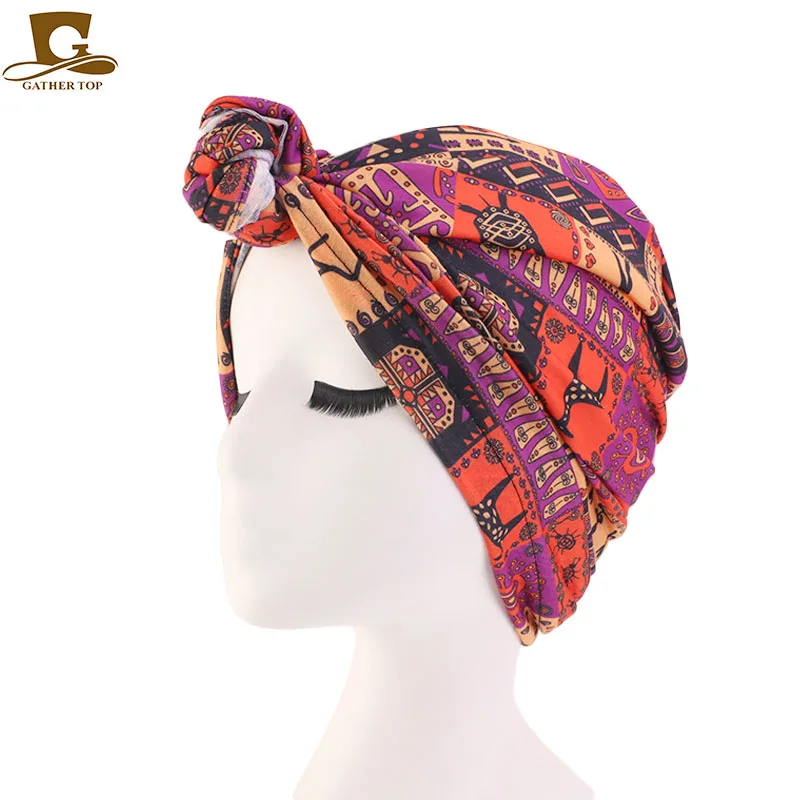 Новая женская шапка-тюрбан в богемном стиле с верхним узлом, тюрбан в африканском стиле, женские аксессуары для волос, индийская шапка, мусульманский шарф, шапка