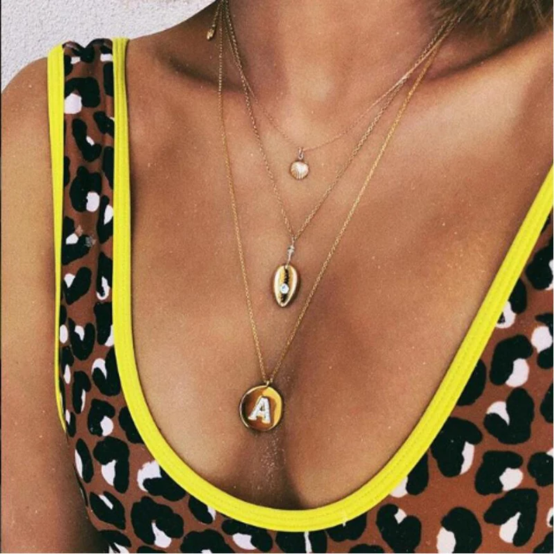 Bohemia Accessories Shell Inlaid Crystal Letter A Multi-layer Ladies Necklace Pendants For Women Medallion Jewelry | Украшения и