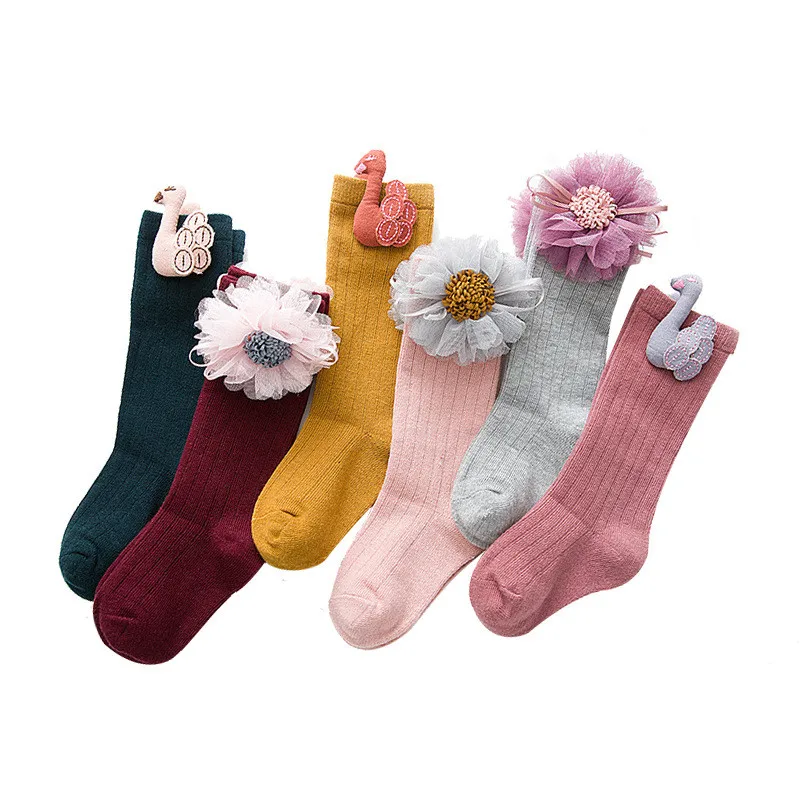 

LAWADKA Cotton Kids Socks Princess Long Socks Girl Children's Knee High Socks Girl Socks Children Flowers Swans Style 1-8 Years