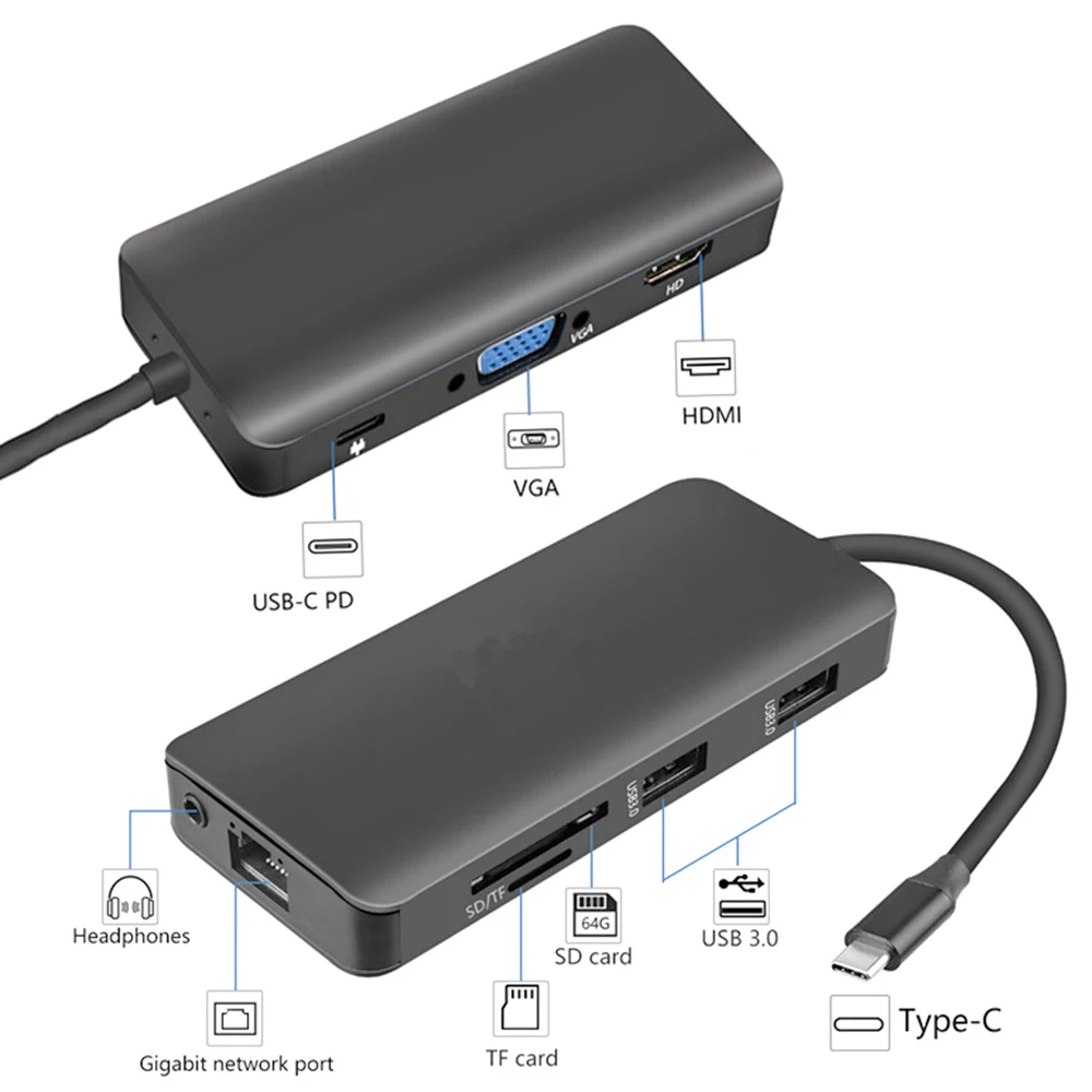 9 в 1 USB-C концентратор типа C до 3,5 мм аудио микрофон 4 к HDMI VGA RJ45 lan-адаптер с usb-разъемом 3,0 SD TF кардридер type C зарядка PD адаптер концентратор