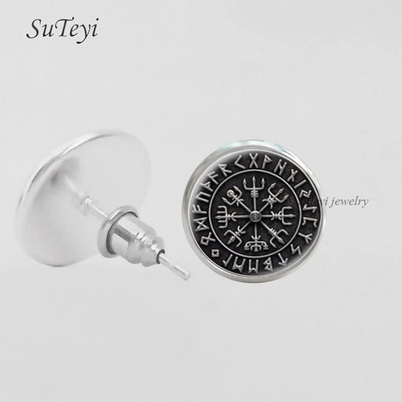 SUTEYI скандинавский Викинг крест в рунный круг серьги ювелирные изделия стекло кабошон Art Picture серьги-гвоздики Кулон ручной работы ювелирные изделия