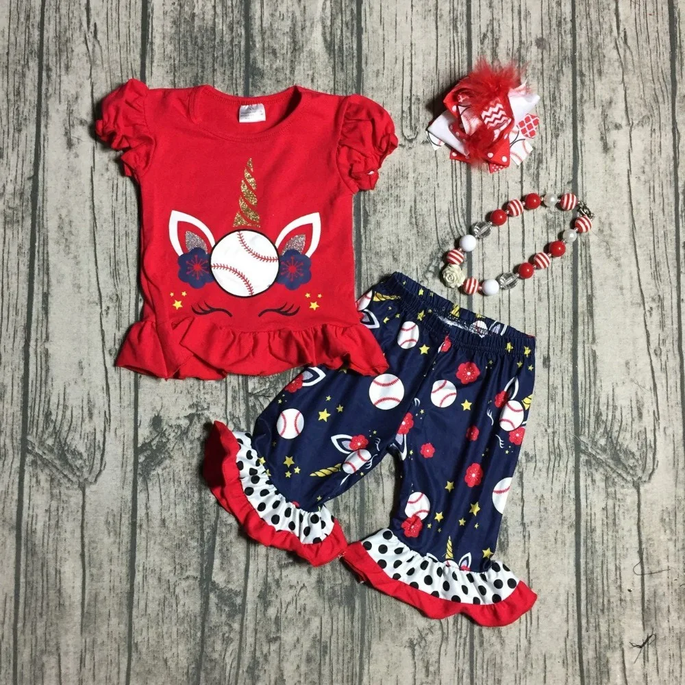 

Baseball season red baseball unicorn short sleeveless shirt navy ruffle Capri girls boutique clothing with accessories