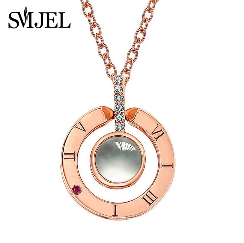 

SMJEL 2019 Gold & Silver Round Shaped I LOVE YOU In 100 languages Projection Necklace For Memory Of Love