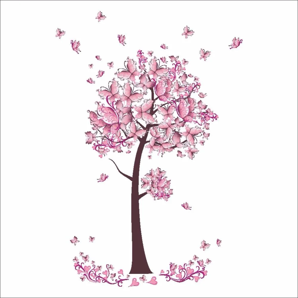 Autocollants muraux en vinyle pour filles et femmes, papillon rose, fleur,  arbre, papier peint, salon, décor de chambre à coucher, décalcomanies -  AliExpress