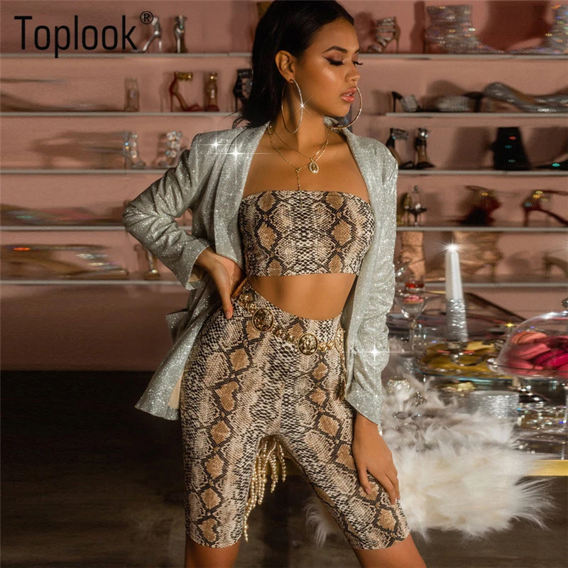 Toplook змеиной наборы для ухода за кожей шорты женщин 2 шт. сексуальный комплект для Зима Весна новый модный принт укороченный топ