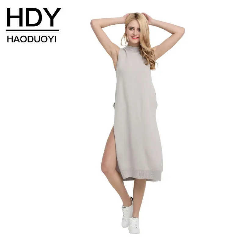 HDY Spring Sweater Dress Split Midi Women Sleeveless Dress Cold Shoulder Female Knitted Dress Hollow Out