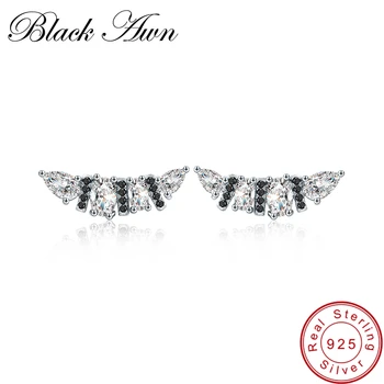 

[BLACK AWN] Punk 925 Sterling Silver Jewelry Engagement Stud Earrings for Women Female Banana-boat Boucles d'oreilles I014