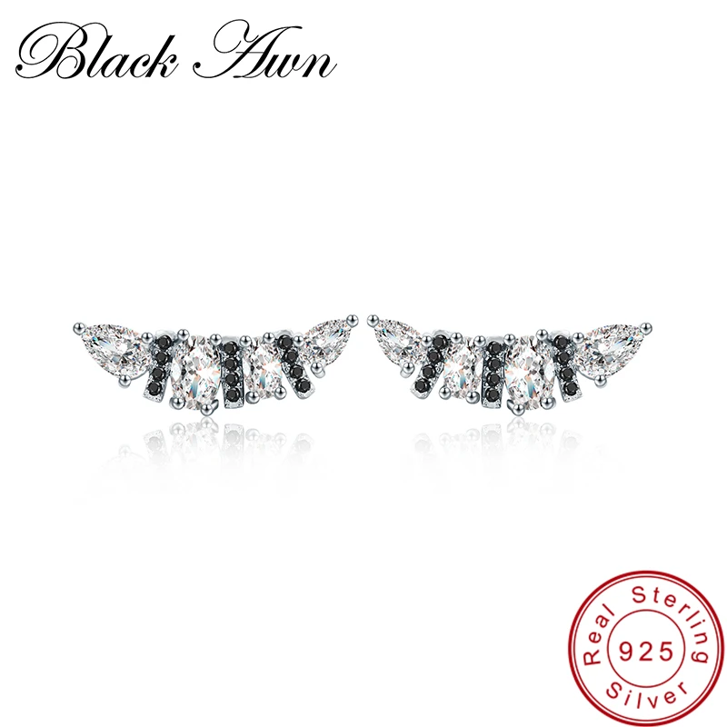 

[BLACK AWN] Punk 925 Sterling Silver Jewelry Engagement Stud Earrings for Women Female Banana-boat Boucles d'oreilles I014