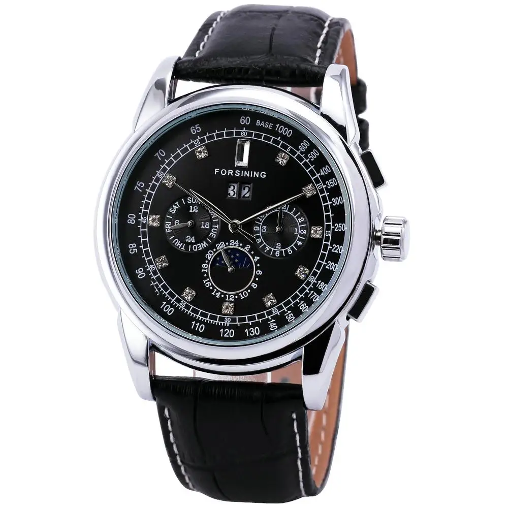 Winner Men Skeleton Automatic Mechanical Watch Leather Strap Sub dial Rhinestone Decorated Calendar Box