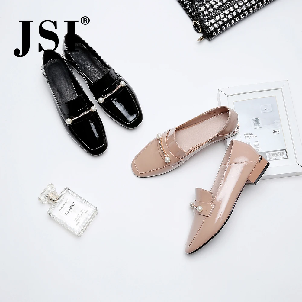 

JSI Casual Loafers Women Flats Quality Patent Leather Slip-on Fashion String Bead Party Ladies Shoes Sexy Square Toe Flats JO64