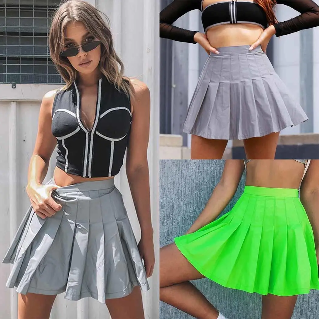 

Women Summer Pleated Skirt Ladies Sexy Reflective Short Mini Skirts Fashion High Waist Party Summer Neon Green Skirt Streetwear