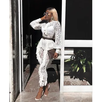 

Women Autumn Ruffles Floral Lace Jumpsuits White Solid Lantern Sleeve Bodycon Jumpsuits See Through Sexy Jumpsuits
