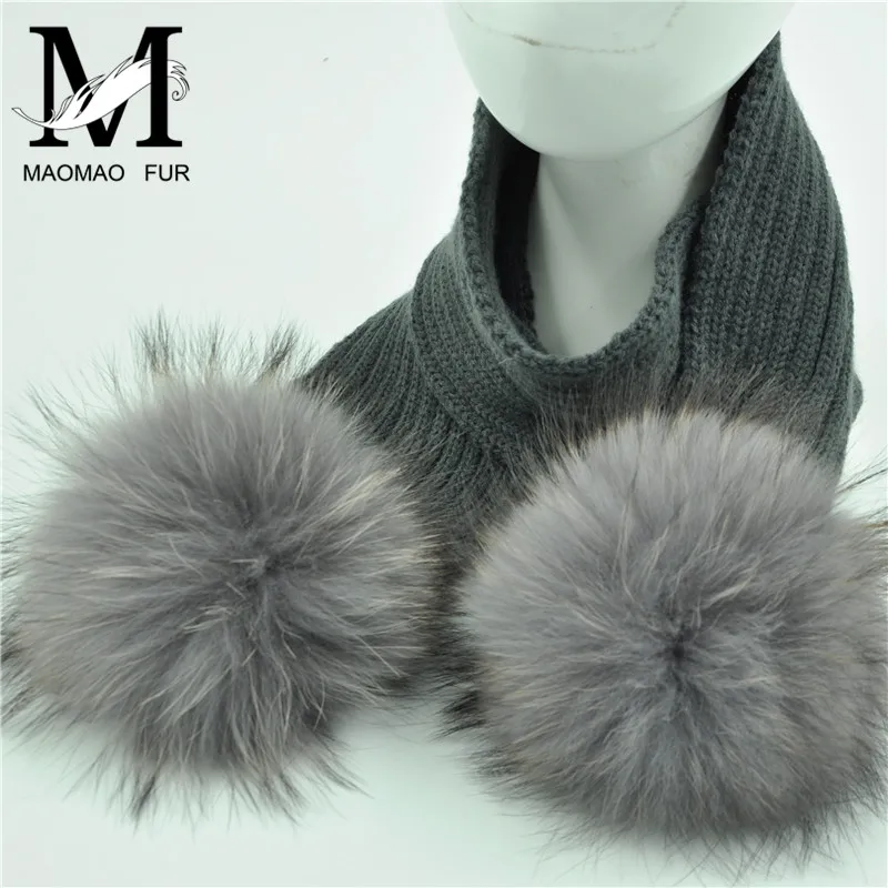 Jaxmonoy Child knitted Wool Scarf Winter Kids Scarves With Detachable Real Raccoon Fur PomPoms Baby Girl Boy Neck Warmer Scarf