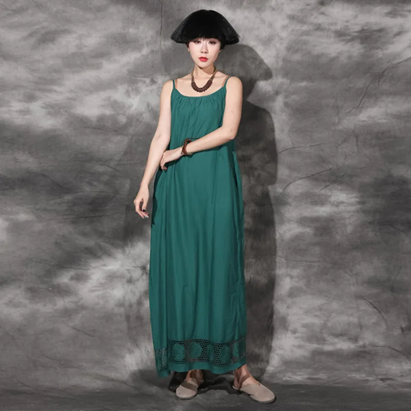

Johnature 2019 Summer Women Solid Color Patchwork Sweep Hollow Out Long Dresses New Vintage Loose 4 Color Strap Dresses
