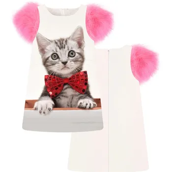 

baby Girls Dress fashion Gentleman Cat printing Spring/Autumn faux fur sleeve girls dress Toddler Kids Dresses Children Clothing