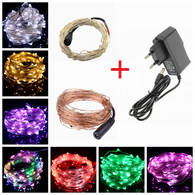 New LED String Light 10m 100leds Silver Copper Wire Fairy Lights with 12V 1A Power Adapter