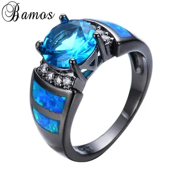 

Bamos Unique Blue Fire Opal Rings For Women Men Black Gold Filled Wedding Party Light Blue Zircon Ring Best Friend Gift RB0272