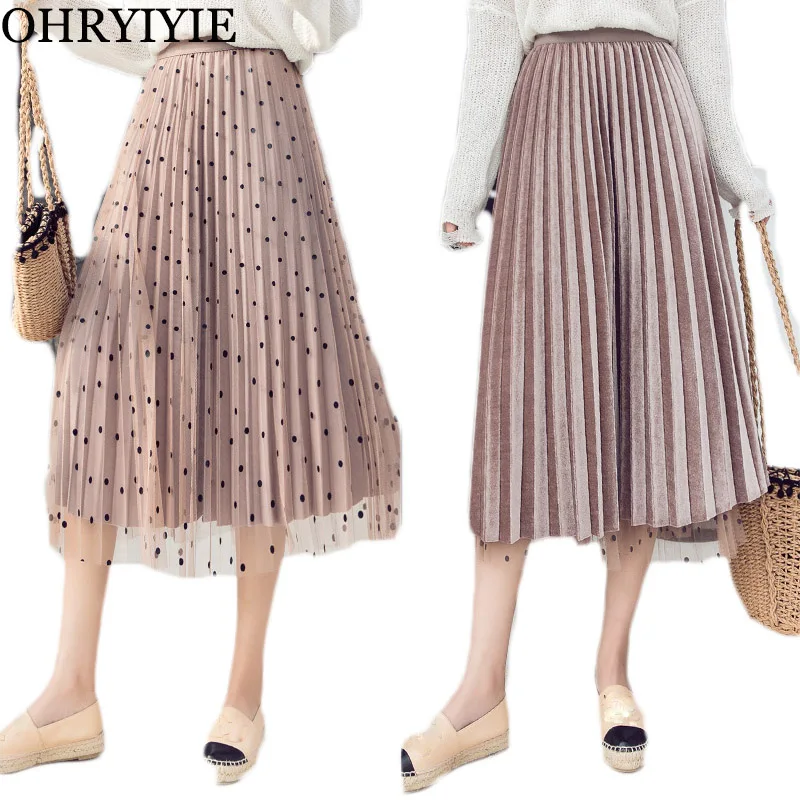 

OHRYIYIE Polka Dot Velvet Pleated Skirt 2019 Autumn Winter High Waisted Reversible Tulle Skirts Womens Midi Long Skirts Female