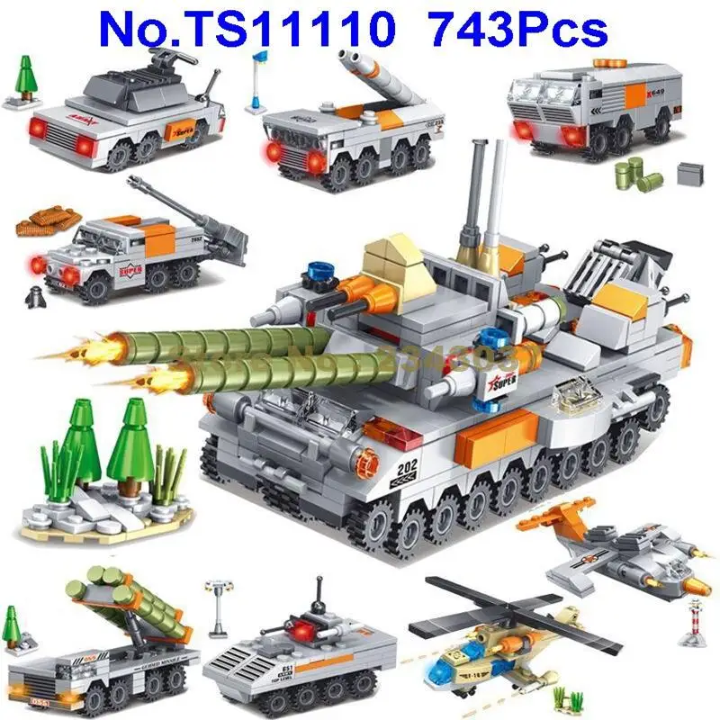 Ts11110 743pcs 8in1 Military Tank Helicopter Missile Armored Truck Self propelled Rocket Weapon