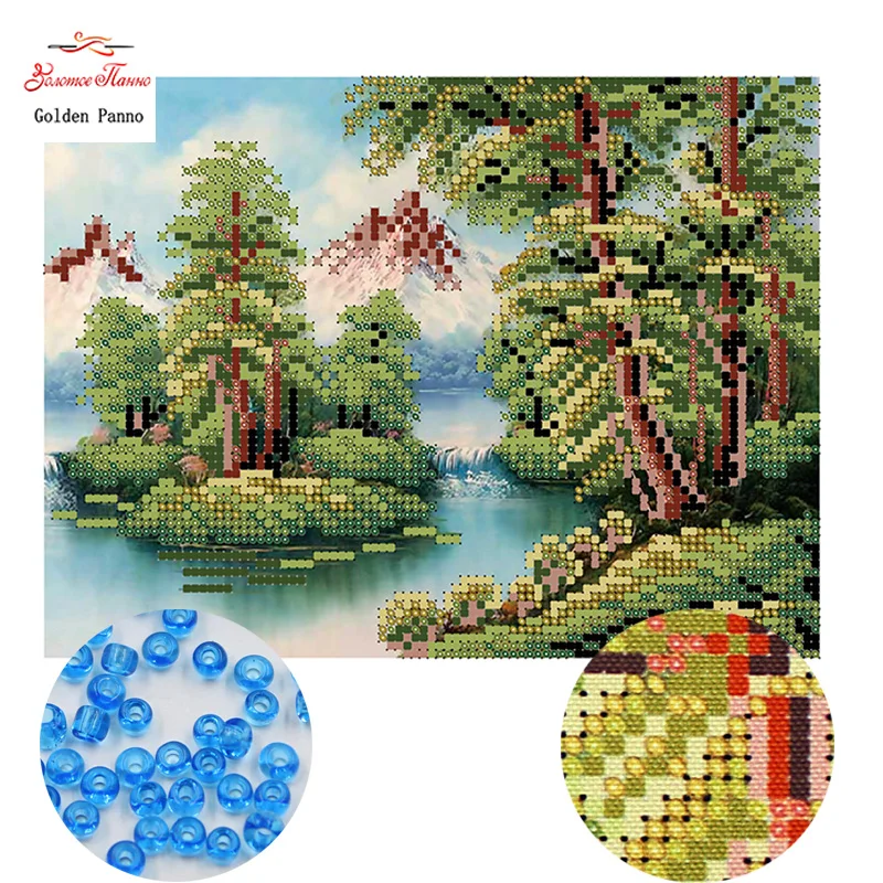

Golden Panno,Needlework,DIY,beads,Cross stitch,Embroidery stitch,Precise Printed painting,scenic Pattern,lake 0414
