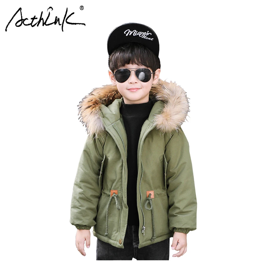 

ActhInK New Boys Hooded Thermal Jacket Big Boys Winter Zipper Cotton Padded Coat Boys Long Parka with Fur Hat Boys Warm Parkas
